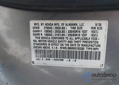 2006 Honda Odyssey Ex-L из США, поврежденный, VIN 5FNRL38606B100330